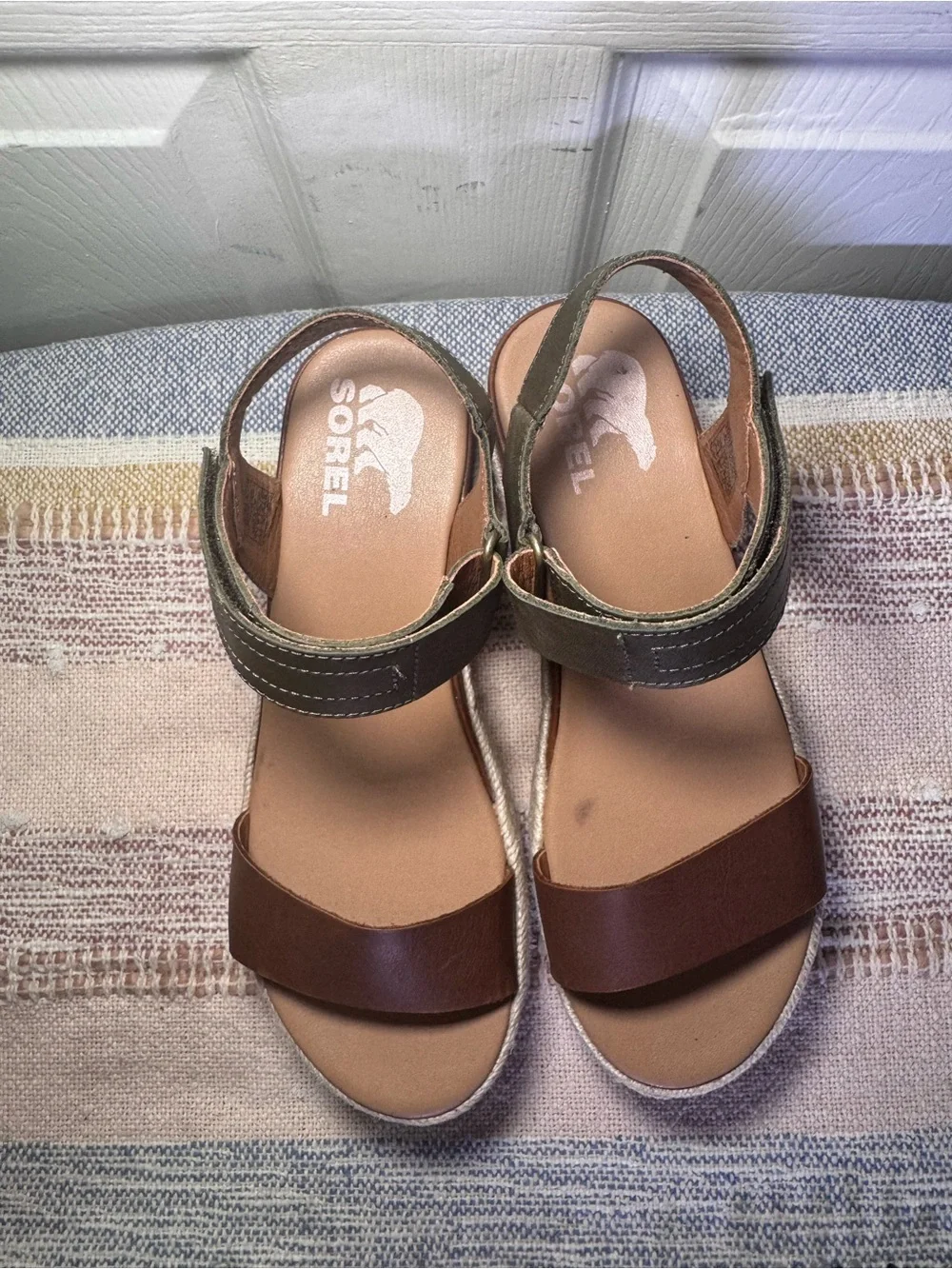 Sorel Brown and Olive Platform Espadrille Sandals